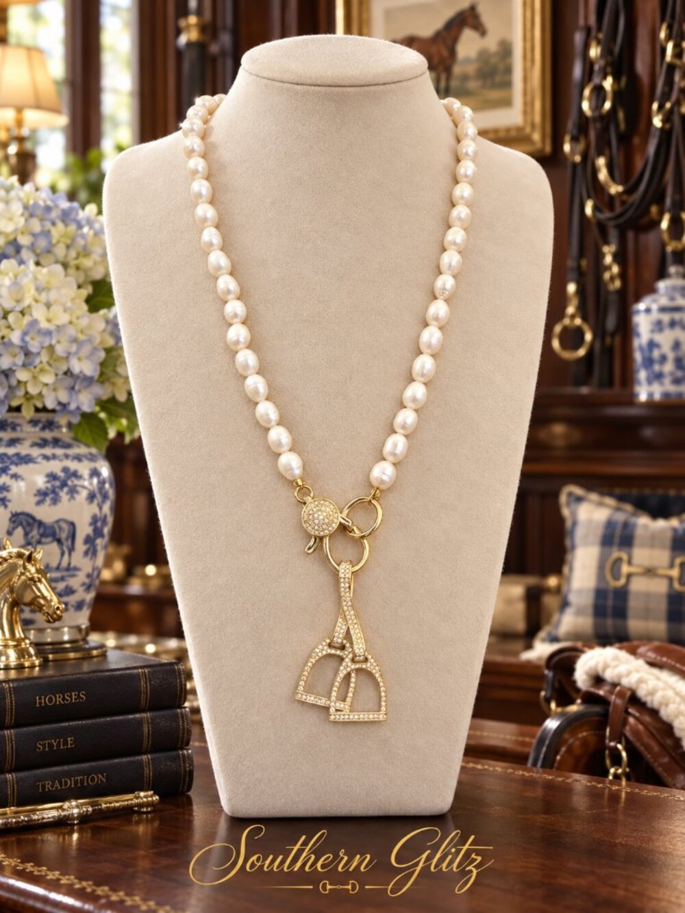 Freshwater Pearl Equestrian Necklace with Gold Stirrup Pendant, Pave Horse